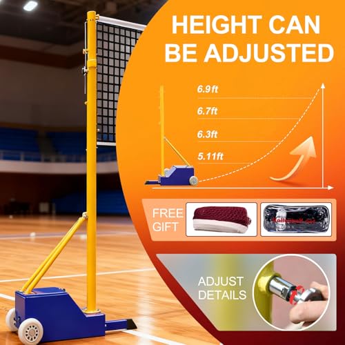 Portable Volleyball Poles,Blue Badminton Stand,Volleyball Net Outdoor with Wheels,Height Adjustable 5-6.9ft,Heavy Duty Steel Base,with Volleyball Net/Badminton Net,for Backyard Beach Indoor Outdoor