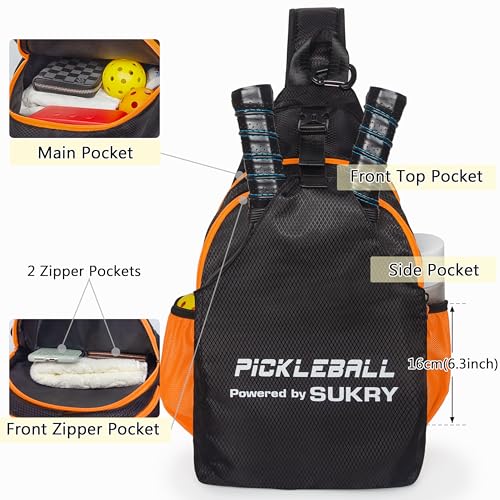 SUKRY Pickleball Bag Lightweight Sling Backpack for Men and Women with Multi-Pocket Crossbody Gym & Travel Backpack Pickle Ball Accessories - color: Orange
