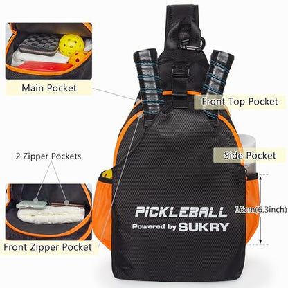 SUKRY Pickleball Bag Lightweight Sling Backpack for Men and Women with Multi-Pocket Crossbody Gym & Travel Backpack Pickle Ball Accessories - color: Orange