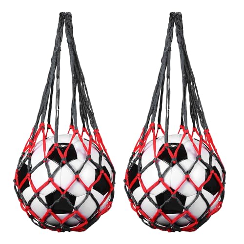 uxcell Basketball Net Bags, Nylon Soccer Ball Holder Portable Multifunctional Single Ball Mesh Net Bag for Storage Basketball Soccer Rugby Balls - color: Red/Black
