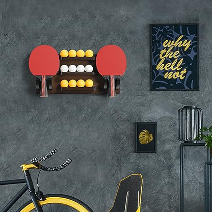 Ping Pong Paddle Holder Wall Mounted Table Tennis Racket Display for 6 Paddles and 12 Balls Storage, Ping Pong Accessories Organizer in Game Room, Man Cave, Bar Room, Garage, Office, Home