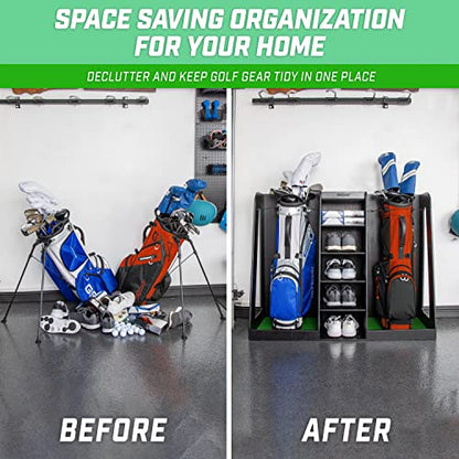 GoSports Premium Wooden Golf Bag Organizer and Storage Rack - Black, White or Brown Finish - Holds 2 Golf Bags