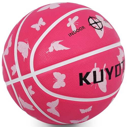 KUYOTQ Kids Youth Adult Size 3/4/5/6/7 (22/25.5/27.5/28.5/29.5") Basketball Premium Rubber or Faux Leather Basketball Indoor Outdoor Basketball for Boys Girls Womens Mens Basketball Gifts (Deflated) - color: Pink Butterfly Thickened Rubber, size: Size 3 T