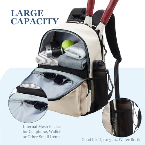 Tennis Bag, Tennis Backpack for Women Men 2 Rackets with Insulated Pocket Shoe Compartemnt for Pickleball Tennis - color: Beige