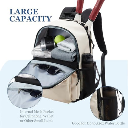 Tennis Bag, Tennis Backpack for Women Men 2 Rackets with Insulated Pocket Shoe Compartemnt for Pickleball Tennis - color: Beige