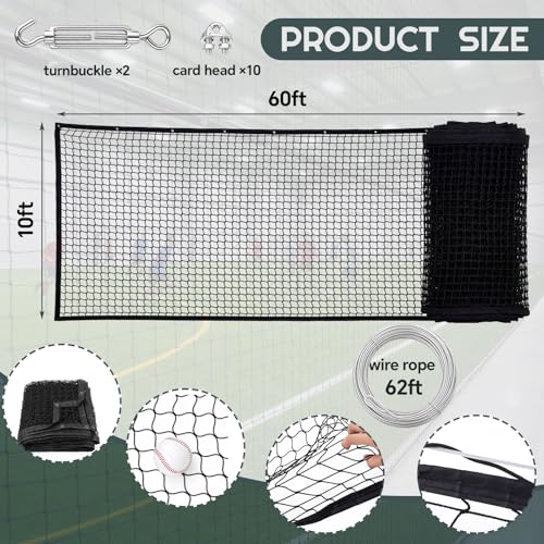 Wesiti 10' x 60' Court Divider Net Kit with Installation Hardware Including Metal Buttonhole Bolt and Wire Rope Sports Heavy Duty Court Partition Net for Tennis Badminton Indoor Outdoor