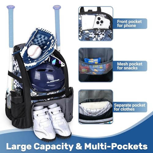 KAVIGOR Youth Baseball Bag, Softball Bag for Girls & Boys, Kids Tball Backpack with Shoes Compartment - color: Blue Camo