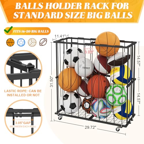 Hencawima Large Garage Ball Storage, Rolling Floor Sports Equipment Organizer: Freestanding Ball Rack with Elastic Rope–, Ball Holder for Basketball, Soccer, Football, Volleyball, Garage, Gym, Black - size: Large, style: With Wheels,Rectangle