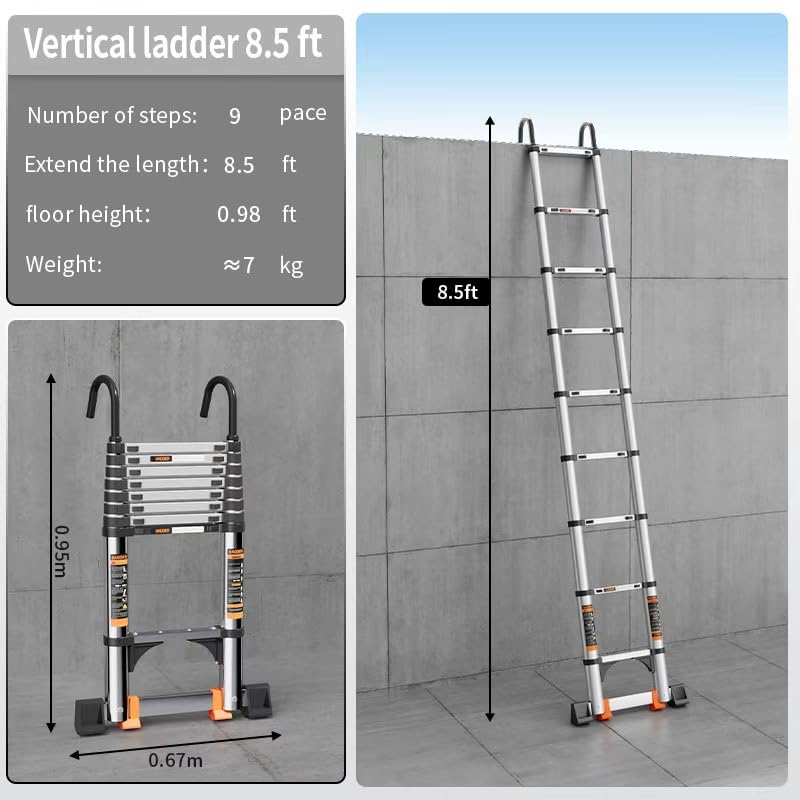Telescoping Ladder,with Stable Hook and stabilizer barand,8.5FT Extension Ladder, Heavy Duty 330lbs Max Capacity, Multi-Purpose Collapsible Ladder for RV or Outdoor Work (2.6M/8.5FT) - size: 8.5 FT/2.6M