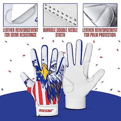Hushe' American Flag Batting Gloves & Softball Gloves USA Flag Baseball Batting Gloves Youth Kids Baseball Batting Glove for Youth Men Adult & Unisex. - color: White Eagle, size: Youth Small