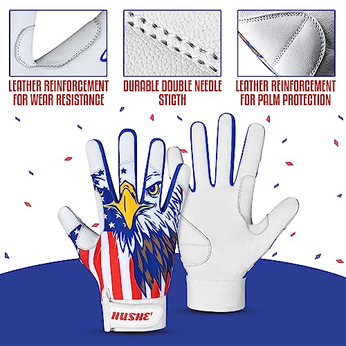 Hushe' American Flag Batting Gloves & Softball Gloves USA Flag Baseball Batting Gloves Youth Kids Baseball Batting Glove for Youth Men Adult & Unisex. - color: White Eagle, size: Adult Small