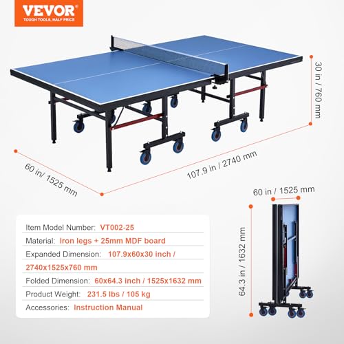 VEVOR Ping Pong Table, Professional Table Tennis Game, Indoor MDF Portable Table Tennis Table, Foldable Ping Pong Table with Quick Clamp Net and Lockable Wheel, 10 Minute Easy Assembly, 25mm Tabletops