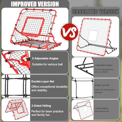 Storgem Baseball Softball Rebounder Net, Pitch Back Rebound Net,Soccer Rebound Net, Fielding Rebounder,Double Sided Adjustable Multi-Sports Pitching Rebound Net for Throwing Practice - style: 33 x 33in-Red