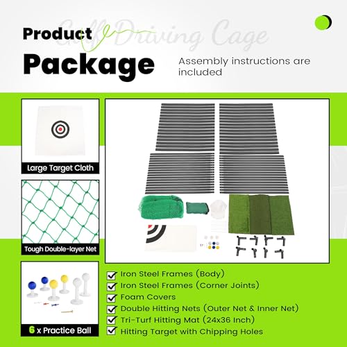 KUAFU Golf Driving Cage 10x10x10ft Golf Practice Cage Hitting Cage with Steel Frame Golf Nets Backyard for Full Swing and Chipping Practice Indoor or Outdoor, green、black, BL3100