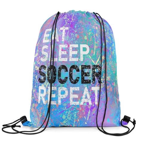 Castle Fairy Eat Sleep Soccer Repeat Drawstring Backpack 13"X16" Camouflage Colorful Graffiti Sackpack for Gym Sports Purple Blue Tie Dye Water Resistant String Bag for Women Men - color: Purple 6