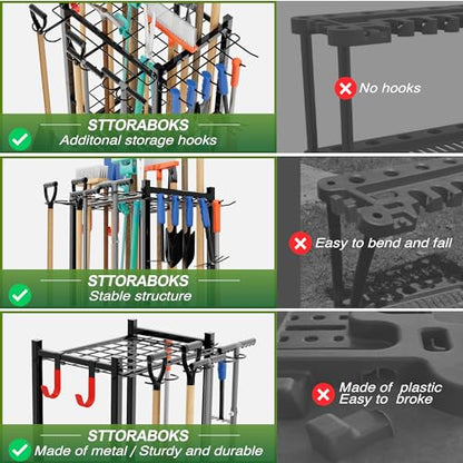 Sttoraboks Garden Tool Organizer Rack Up to 50 Tools, Heavy-Duty Steel Yard Tool Organizer for Garage Storage with 11 Hooks, Broom Holder & Garden Tool Rack for Shed, Patio, Outdoor Use, Black - style: Rack with hooks