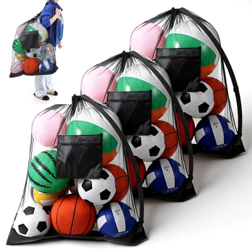 Extra Large Sports Ball Bag 3 Pcs Duty Net Mesh Soccer Ball Basketball 40*30 Heavy Duty Drawstring Bags with Pocket Team Work, Adjustable Shoulder Strap for Holding Volleyball, Baseball, Swimming Gear