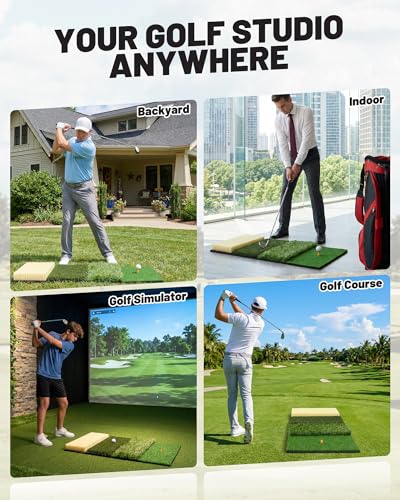 4-in-1 Golf Hitting Mat, Golf Practice Mat with Fairway, Rough, Sand & Tee Turf, Indoor Outdoor Golf Training Mat for Driving, Chipping & Putting with Golf Mat Tees