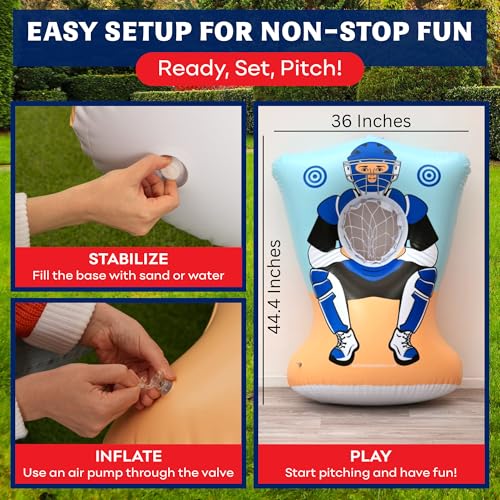 Preferred Toys Inflatable Baseball Pitching Target for Kids 3 and Above - Double-Sided Throwing Toss Game with 4 Soft Balls - Indoor Outdoor Baseball Toys Training Equipment - Red/Blue