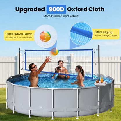 Above Ground Pool Volleyball Net Set with Storage Tray - Swimming Pool Volleyball Net for Pool with Adjustable 10-20FT Width Anti-Sagging Net - Outdoor Poolside Games with Ball, Pump, Poles - style: Above Ground Pool Volleyball Net