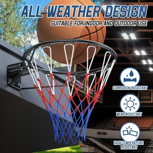 Basketball Rim, 18" Replacement Wall Mounted Outdoor Basketball Hoop, Heavy Duty Solid Steel, Double Spring Basketball Hoop Rim with All Weather Net for Indoor and Outdoor Hanging
