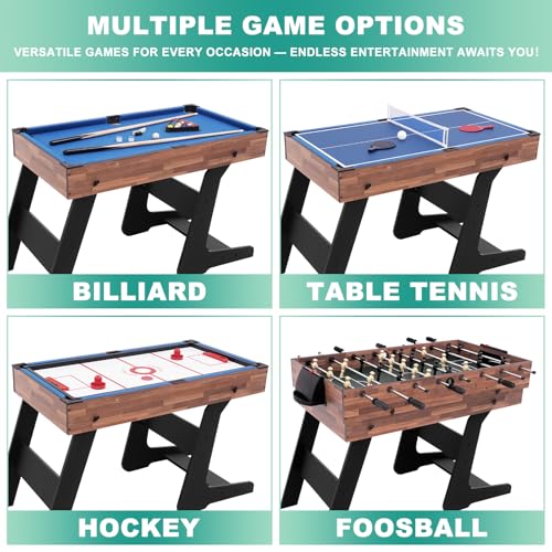 RAYKEEP Foldable Multi Game Table, 4-in-1 Combo Game Table Set with Ping Pong, Hockey, Pool Billiards and Foosball for Adults, Home, Game Room, Friends & Family - color: Dark Wood Grain