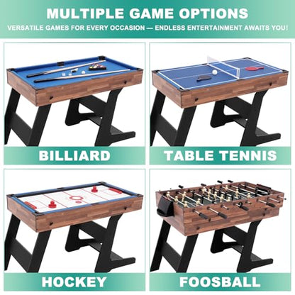 RAYKEEP Foldable Multi Game Table, 4-in-1 Combo Game Table Set with Ping Pong, Hockey, Pool Billiards and Foosball for Adults, Home, Game Room, Friends & Family - color: Dark Wood Grain