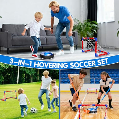 Qirptey 3 in 1 Hover Soccer Ball Toddler Hockey Set with LED Lights Indoor Toys for Kids Soccer Gift for Boys 6-8 8-12 Kids Sports Soccer Games 3 4 5 6 7 8 Year Old Boy Age 4-8 Birthday Gift