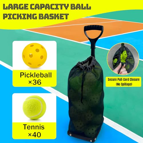Lightweight Tennis Ball Hopper – Holds 50+ Tennis Balls or 40+ Pickleballs | Durable Steel Frame | Portable Adjustable Ball Picker for Hard Court, Clay, Grass - color: Black