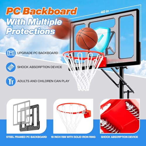 AWII SPORT Basketball Hoop Outdoor Protable 40/44/48 Inch Impact Backboard, 4.8-10FT Height Adjustable Basketball Hoop Goal System with Wheels for Adults