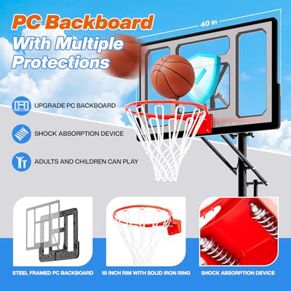 AWII SPORT Basketball Hoop Outdoor Protable 40/44/48 Inch Impact Backboard, 4.8-10FT Height Adjustable Basketball Hoop Goal System with Wheels for Adults