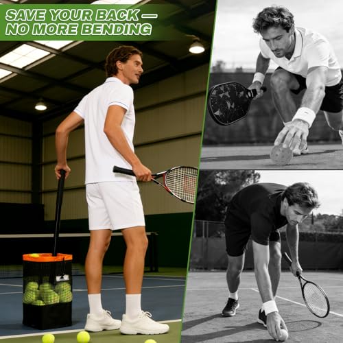 Tennis Ball Hopper & Pickleball Picker Upper, Ball Collector Hopper Holds 60 Tennis Balls or 50 Pickleballs, Adjustable Handle, Heavy-Duty Spring Ball Retriever for Training & Court Practice