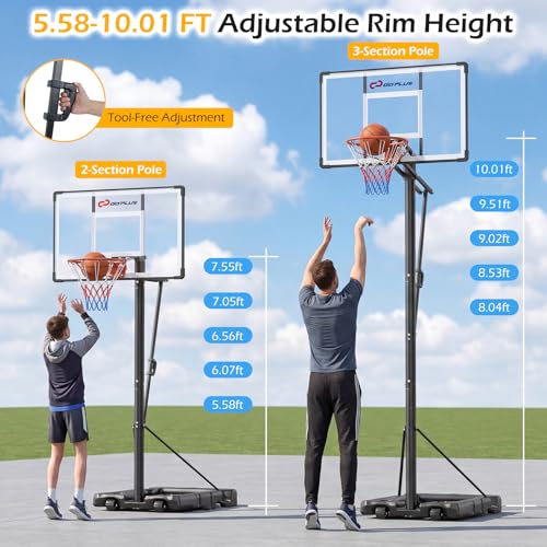 Goplus Portable Basketball Hoop Outdoor for Adults, 5.6-10 FT Adjustable Basketball Hoop Goal System with Shatterproof Backboard, Shock Absorbent Rim, Fillable Base, 2 Wheels, for Backyard Driveway