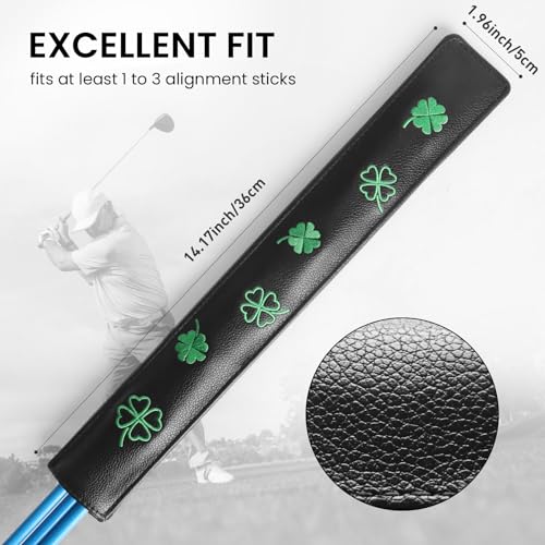 FINGER TEN Golf Alignment Stick Cover Headcover Rods Holder Case Leather 14''× 2'' in USA Black White Green Hold At Least 2 Sticks - color: Black-Lucky Clover
