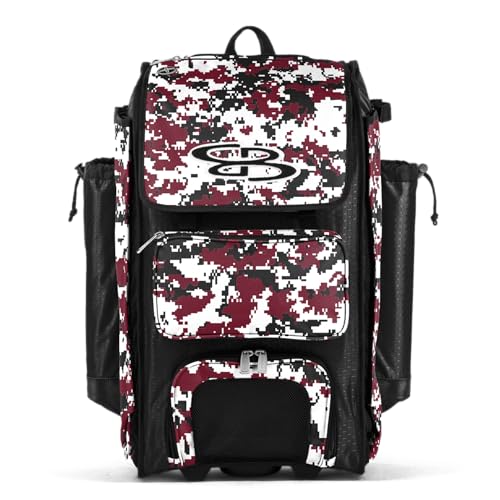 Boombah Catchers Superpack Hybrid Rolling Digital Camo Bat Bag - Multiple Colors - Wheeled & Backpack Version - color: Black/Cardinal