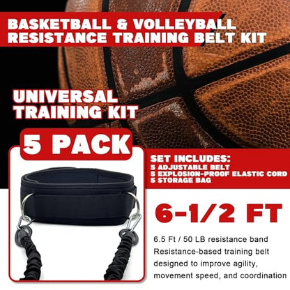 5-Pack Zone Defense Resistance Band Kit, Basketball & Volleyball Agility Training Belt Kit – Resistance Band Speed & Coordination Trainer with Adjustable Waist Strap, Black