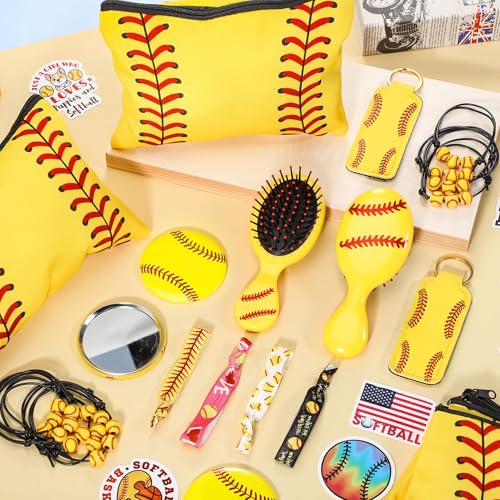 Elcoho 122 Pieces Softball Party Favors Set Softball Team Gifts with 12 Sets Makeup Bags, Hairbrushes, Mirrors, Headbands, Bracelets, Keychains and 50 Stickers for Sports Birthday Party Supplies
