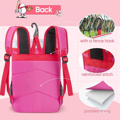 Smasrob Youth Baseball Bag for T Ball, Rec and Travel Ball, Softball Bag with Helmet Holder and Fence Hook - color: Pink