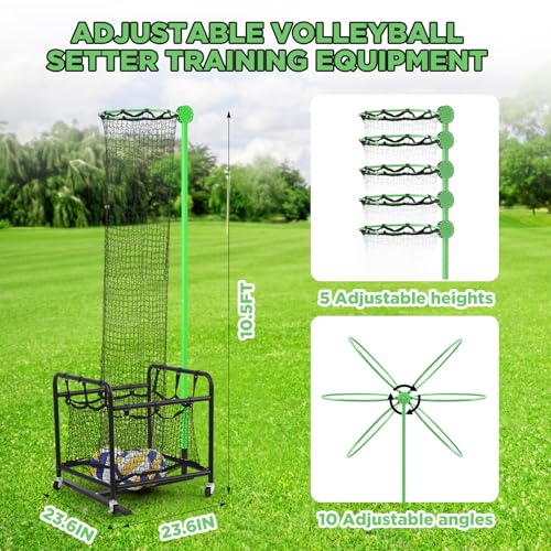 Soulchen Volleyball Setter Training Equipment Volleyball Practice Net with Portable Cart with Wheels 2 Target Hoop Size 5 Angle and Adjustable Height Ball Collection Bag for Indoors and Outdoors