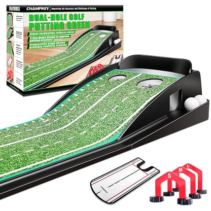 CHAMPKEY Premium Golf Putting Green Indoor with 3 Golf Putting Gates - Improves Putting Accuracy and Skill Levels Golf Putting Mat - Ideal for Indoor and Outdoor Training - style: Dual Hole - Plastic