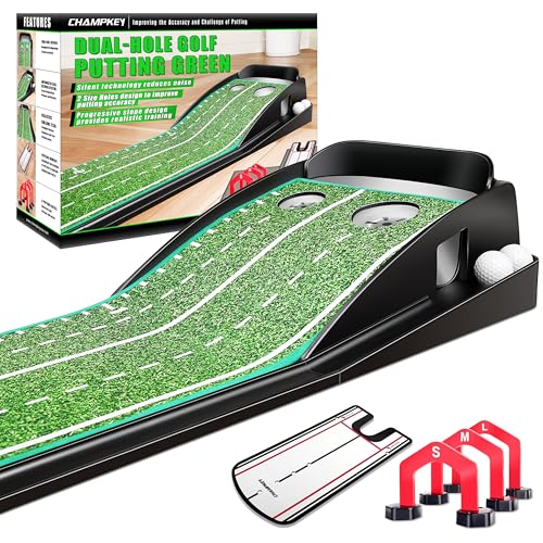 CHAMPKEY Premium Golf Putting Green Indoor with 3 Golf Putting Gates - Improves Putting Accuracy and Skill Levels Golf Putting Mat - Ideal for Indoor and Outdoor Training - style: Dual Hole - Plastic