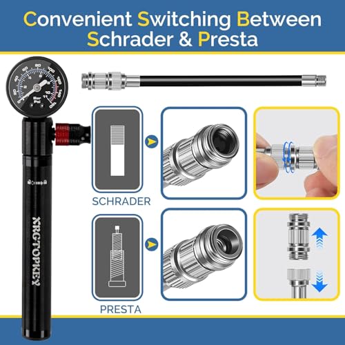 Bike Pump with Gauge, Mini Bike Pump 160 PSI with Pressure Gauge & Ergonomic Grip, Dual Valve Schrader Presta Inflator for Road and Mountain Bike Tires, Ball, Swimming Ring.