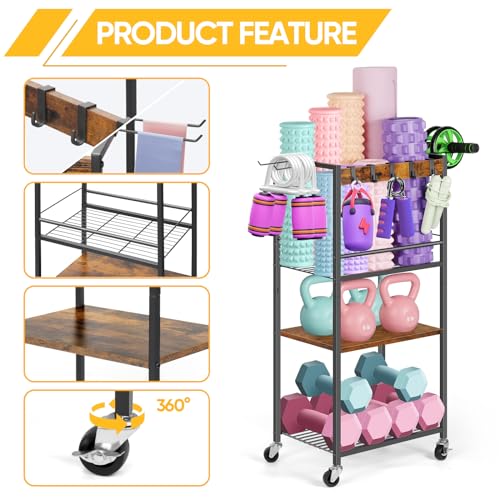 Home Gym Storage Rack, Heavy Duty Yoga Mat Holder Workout Equipment Storage Organizer Weight Rack with Hooks & Wheels for Dumbbells Kettlebells Dumbbell Yoga Block Foam Rollers Yoga Strap Resistance Bands, Fitness Exercise Equipment