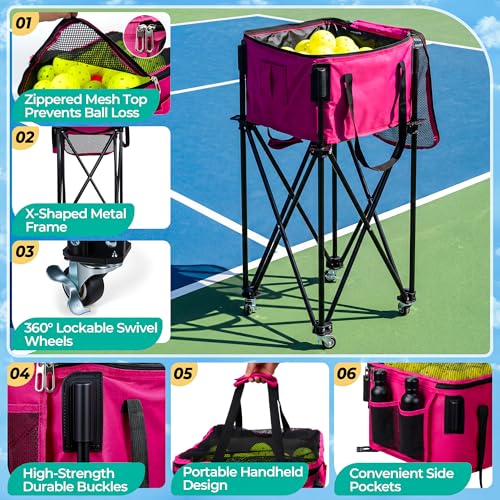 Pickleball Cart With Wheels, Foldable Tennis Ball Hopper Basket, Lightweight Ball Caddy With Zippered Mesh Lid, Portable Sports Ball Storage For Outdoor Court, Home Training, Kids Youth Adults