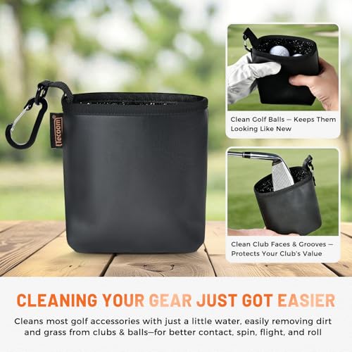 Golf Club and Ball Cleaning Bag with Waterproof Liner, Golf Ball Cleaner Pouch, Cleans Club Grooves and Balls, Detachable Clip, PU Leather Exterior, Golfer Gifts for Men