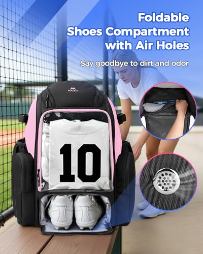 MATEIN PRO Softball Equipment Backpack with Clear Display Window & Folding Board, Large Capacity Baseball Bag with Separate Cleat Compartment & Side Cooler Pocket, Softball Gear Bag for Youth & Adult - color: Light Pink
