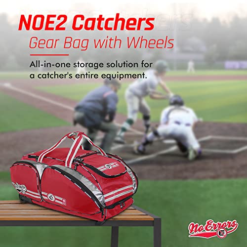 No Errors NO E2 Wheeled Catchers Gear Bag - Large Baseball and Softball Bag for Catcher’s Equipment with Fatboy Wheels - color: Red