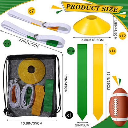 Flag Football Set, 14 Player Adjustable Belts with Cones Includes 14 Easy Tear Away Belts, 28 Football Flags, 12 Cones, 1 Carrying Bag for Youths, Adults Sport Team Training - style: Yellow, Green
