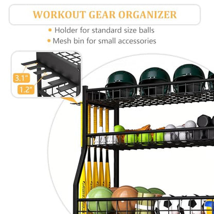 YOHKOH Sports Organizer for Garage, Large Sports Equipment Organizer Cart with 5 Baseball Stick Holders, Ball Storage Rack, Heavy-Duty Garage Sports Gear Storage with Wheels