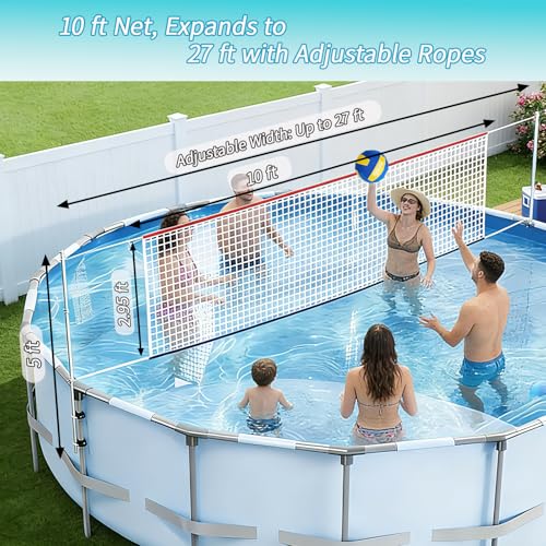 Above Ground Pool Volleyball Net Set, Adjustable 10-27FT Width Swimming Pool Volleyball Net, Outdoor Poolside Games with Ball, Carry Bag, Pump, Poles - Fun Swimming Water Games for Kids Adults Family